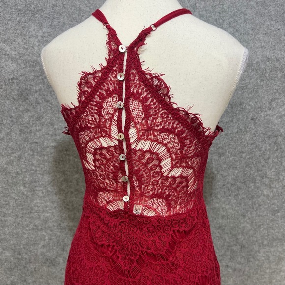 Intimately Free People Lace Halter Dress Red Button Back Sheer Mini Size PS - Picture 5 of 9
